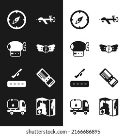 Set Aviation Emblem, Airship, Compass, UAV Drone, Plane Takeoff, Airline Ticket, World Travel Map And Fuel Tanker Truck Icon. Vector