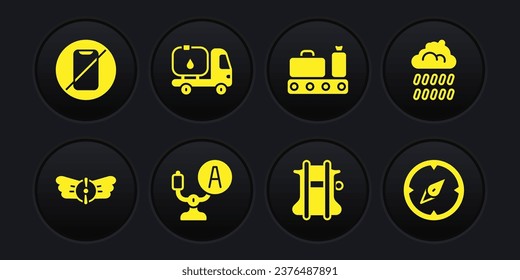 Set Aviation emblem, Cloud with rain, Aircraft steering helm, Parachute, Conveyor belt suitcase, Fuel tanker truck, Compass and No cell phone icon. Vector