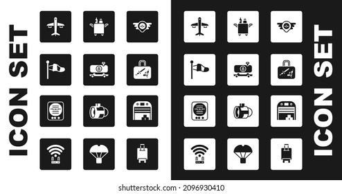 Flugzeugabzeichen, Tankwagen, Windsocke für Kone-Meteorologie, Flugzeug, Koffer, Trolley für Lebensmittel, Flugzeughangar und Attitude-Symbol. Vektorgrafik