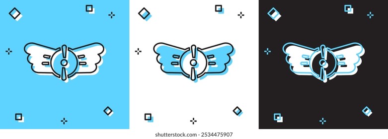 Conjunto icono de emblema de aviación aislado en azul y blanco, fondo negro. Iconos militares y de aviación civil. Emblema volador, ala de pájaro águila y marco alado.  Vector