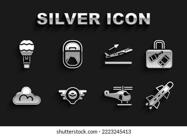 Set Aviation emblem, Suitcase, Rocket, Helicopter, Cloud weather, Plane takeoff, Hot air balloon and Airplane window icon. Vector