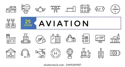 Set of aviation icons. Contains symbols to aircraft, Credit Card, Wallet, Money, globe Outline icon collection.