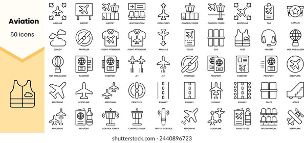 Set of aviation icons. Simple line art style icons pack. Vector illustration