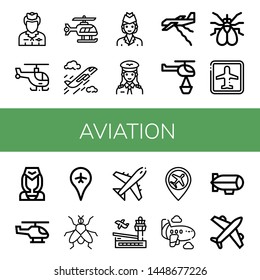 Set of aviation icons such as Flight attendant, Helicopter, Plane, Air hostess, Pilot, Fly, Airport, Airplane, Zeppelin , aviation