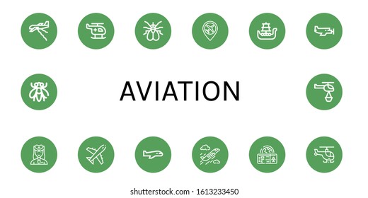 Set of aviation icons. Such as Plane, Helicopter, Fly, Airport, Battleship, Small plane, Hostess, Airplane, Boarding pass , aviation icons