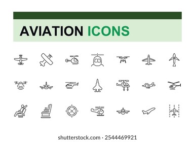 Set of Aviation line icons. Related to airplane, airline, activities, airport, air travel, aircraft,  and more. Outline icons pack. Editable stroke.