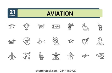 Set of Aviation line icons. Related to airplane, airline, activities, airport, air travel, aircraft,  and more. Outline icons pack. Editable stroke.