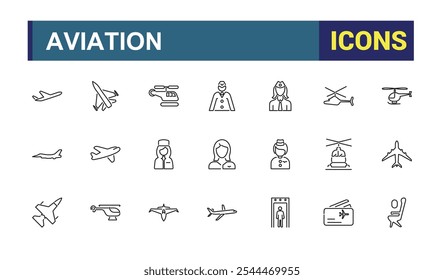 Set of Aviation line icons. Related to airplane, airline, activities, airport, air travel, aircraft,  and more. Outline icons pack. Editable stroke.