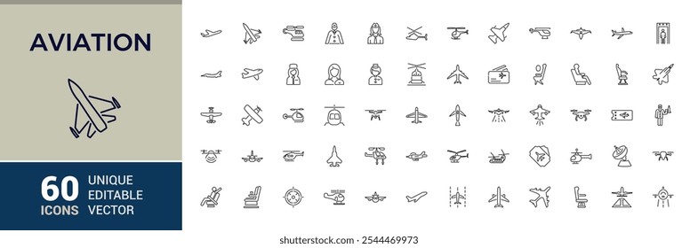 Set of Aviation line icons. Related to airplane, airline, activities, airport, air travel, aircraft,  and more. Outline icons pack. Editable stroke.