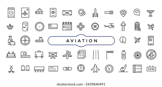 Set of aviation and plane vector line icon. It contains symbols to aircraft, globe.