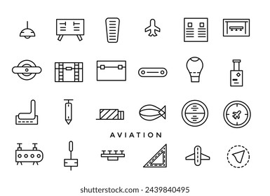 Set of aviation and plane vector line icon. It contains symbols to aircraft, globe.