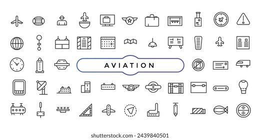 Conjunto de iconos de línea vectorial de aviación y avión. Contiene símbolos de aviones, globo terráqueo.