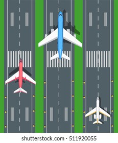 Set of aviation vector airplanes on runways illustration. Plane, airport, takeoff, grass, marking, lights. Vector informative poster, banner illustration. For airport hall or website about airplanes.
