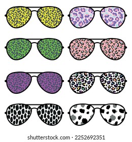 Set of aviator cunglasses with different print on white background. Different print design. Vector illustration.