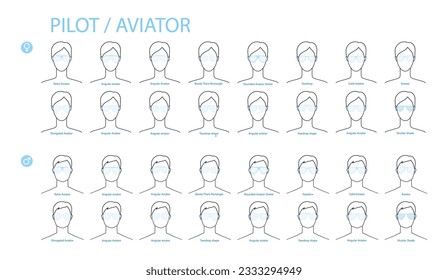 Set of Aviator frame glasses fashion accessory illustration. Sunglass front view for Men, women, unisex silhouette style, flat rim spectacles eyeglasses with lens sketch style outline isolated