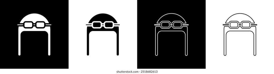 Set Aviator hat with goggles icon isolated on black and white background. Pilot hat.  Vector Illustration