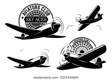 Set of aviators club labels. Planes icons. Avia club emblems. Aeroplane trips. Aviators club logo. Design elements in vector.