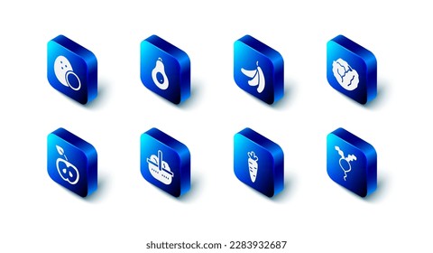 Set Avocado, Banana, Cabbage, Radish, Carrot, Basket and food, Apple and Coconut icon. Vector