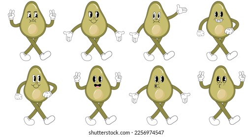 A Set of avocado cartoon groovy stickers with funny comic characters, gloved hands. Modern illustration with legs and arms.	

