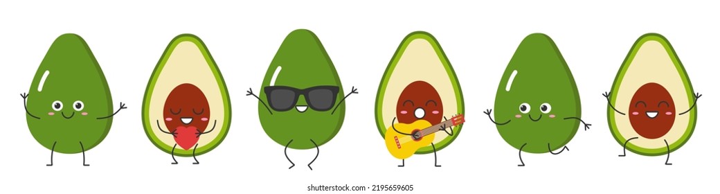 Set avocado Charakter Cartoon Frucht Gruß Springen liebt Sings laufen süße lustige lächelnde Gesicht glückliche Freude Emotionen Symbol Vektorgrafik.