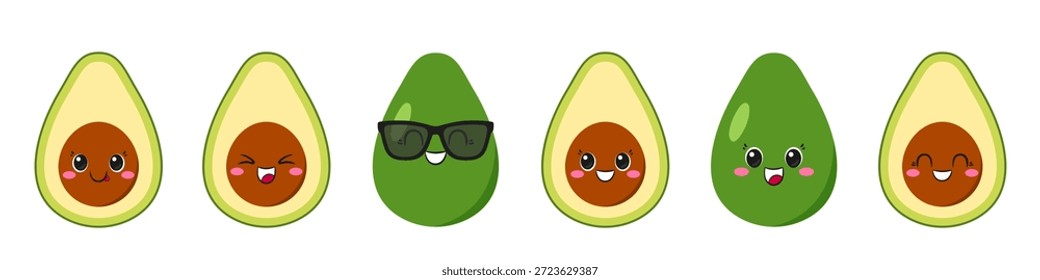 Conjunto de aguacate, personaje de dibujos animados lindo y divertido, fruta sabrosa y saludable, ojos grandes, emociones alegría deleite, cara sonriente feliz, estilo kawaii, icono Vector ilustración infantil.