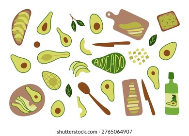 Set of avocado in different forms (whole, half, sliced, cut, oil, toast). Concept of healthy eating, fresh ingredients, plant based diet and modern food lifestyle.
