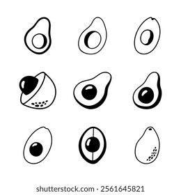 Set of avocado doodle clipart. Hand drawn whole and halves avocado, leaves, seed fruit illustration