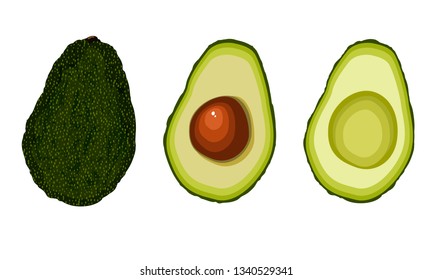 Set avocado flat style. Whole avocado fruit, half with bone, piece without bone. Vector illustration