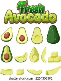 Set of avocado fruit cartoon illustration