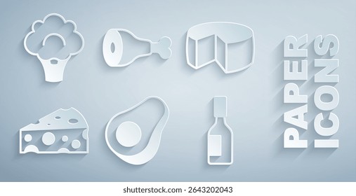 Set Avocado fruit, Cheese, Tabasco sauce, Chicken leg and Broccoli icon. Vector