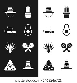 Set Avocado fruit, Cigar, Mexican sombrero, Cactus or succulent in pot, Agave, Maracas,  and Nachos icon. Vector