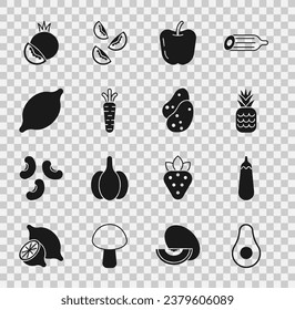 Set Avocado fruit, Eggplant, Pineapple, Apple, Carrot, Lemon, Tomato and Potato icon. Vector