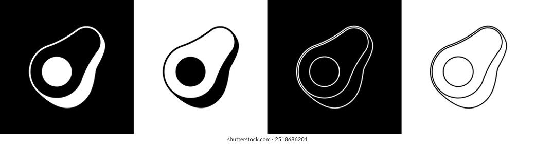 Set Avocado fruit icon isolated on black and white background.  Vector