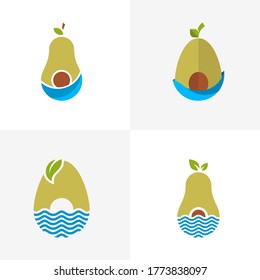Conjunto de plantilla del logotipo de la fruta de aguacate. Media aguacate con diseño vectorial de hoja. Logotipo de alimentos para la salud