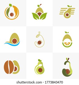 Set of Avocado fruit logo template. Avocado half with leaf vector design. Health food logotype