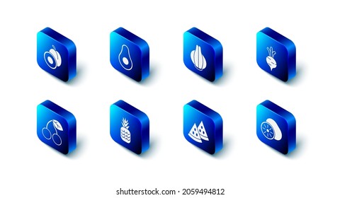 Set Avocado fruit, Onion, Beet, Kiwi, Watermelon, Pineapple, Cherry and Plum icon. Vector