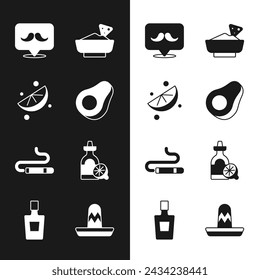 Set Avocado fruit, Sliced lime, Mustache, Nachos in bowl, Cigar, Tequila bottle with lemon, Mexican sombrero and  icon. Vector
