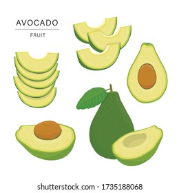 Set of Avocado Fruit Slices. Organic and healthy food isolated element Vector illustration.