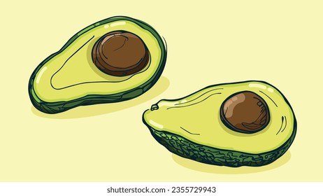 Set of Avocado fruit, Vector illustration in one line sketch style, flat hand drawn sketch, Colorful fruit with shadow and light, isolated on colored background.