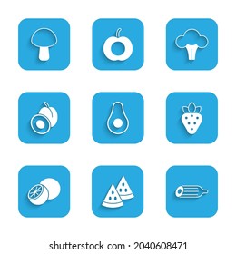 Set Avocado fruit, Watermelon, Fresh cucumber, Strawberry, Orange, Plum, Broccoli and Mushroom icon. Vector