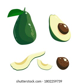 Set of avocado with half isolated on white background with clipping path full depth of field and leaf.