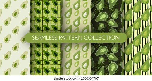 Set of avocado half silhouettes seamless cartoon pattern. Simple fruit print in green palette collection. Perfect for wallpaper, textile, wrapping paper, fabric print. Vector illustration.