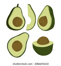 eine Reihe von Avocado-Hälften verschiedener Formen in einem flachen Stil handgezeichnet. Vektorgrafik einzeln auf weißem Hintergrund.