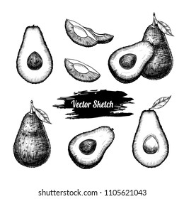 Set of  avocado. Hand drawn. Vintage style