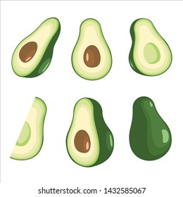 Set of avocado illustrations isolated on white background. Slice and whole fruit, seed, Fresh cartoon avocados isolated on white background.
