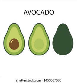 Set of avocado illustrations isolated on white background. Slice and whole fruit, seed, leaf. Vegan fruits flat icon