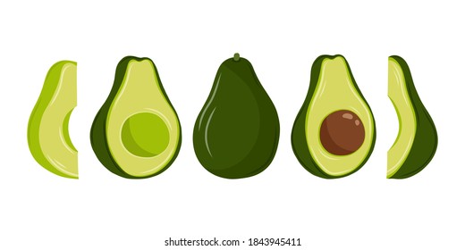 Set of avocado illustrations isolated on white background. Slice and whole fruit, seed, leaf. Vegan food vector icons in cute cartoon style. 