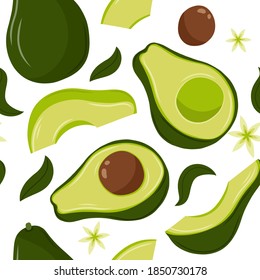 Set von Avocado-Illustrationen einzeln auf weißem Hintergrund. Slice und ganze Früchte, Samen, Blatt. Veganische Essensvektorsymbole im süßen Cartoon-Stil. Nahtloses Muster 