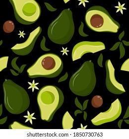 Set of avocado illustrations isolated on white background. Slice and whole fruit, seed, leaf. Vegan food vector icons in cute cartoon style. Seamless pattern 