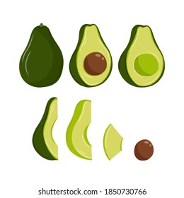 Set of avocado illustrations isolated on white background. Slice and whole fruit, seed, leaf. Vegan food vector icons in cute cartoon style. 